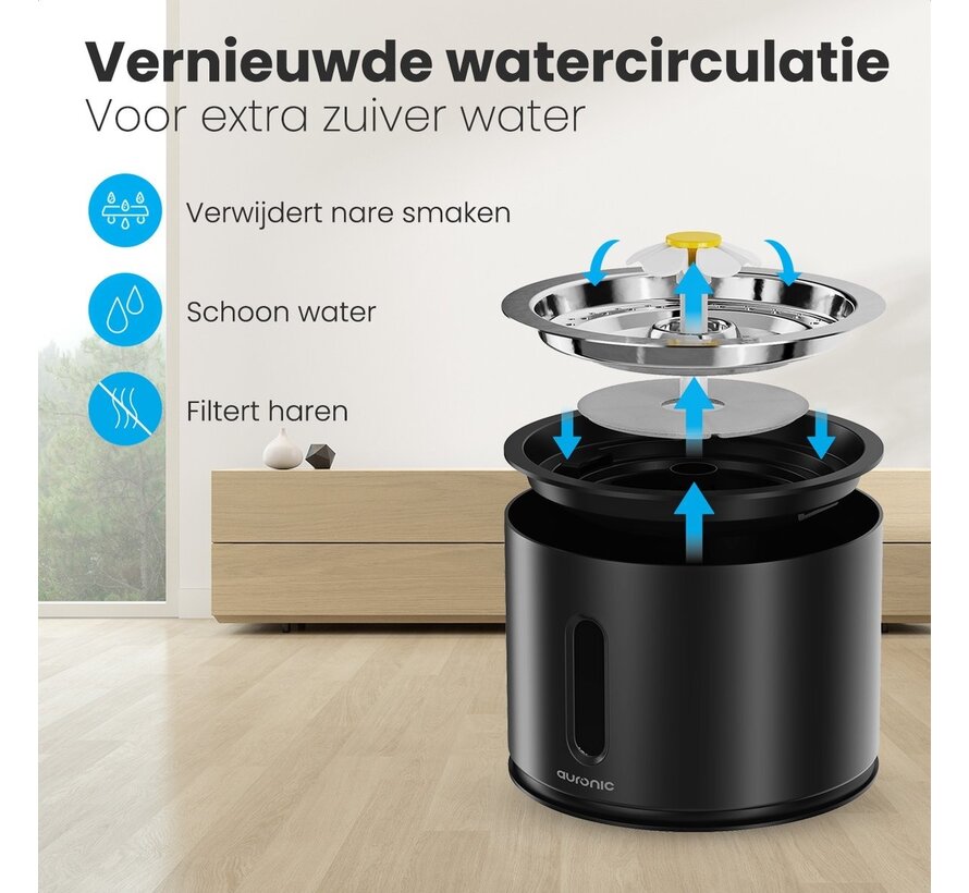 Abreuvoir Auronic - Fontaine à eau pour chats et chiens - 2.4L - Abreuvoir pour animaux - 3 filtres et 2 brosses inclus - Noir