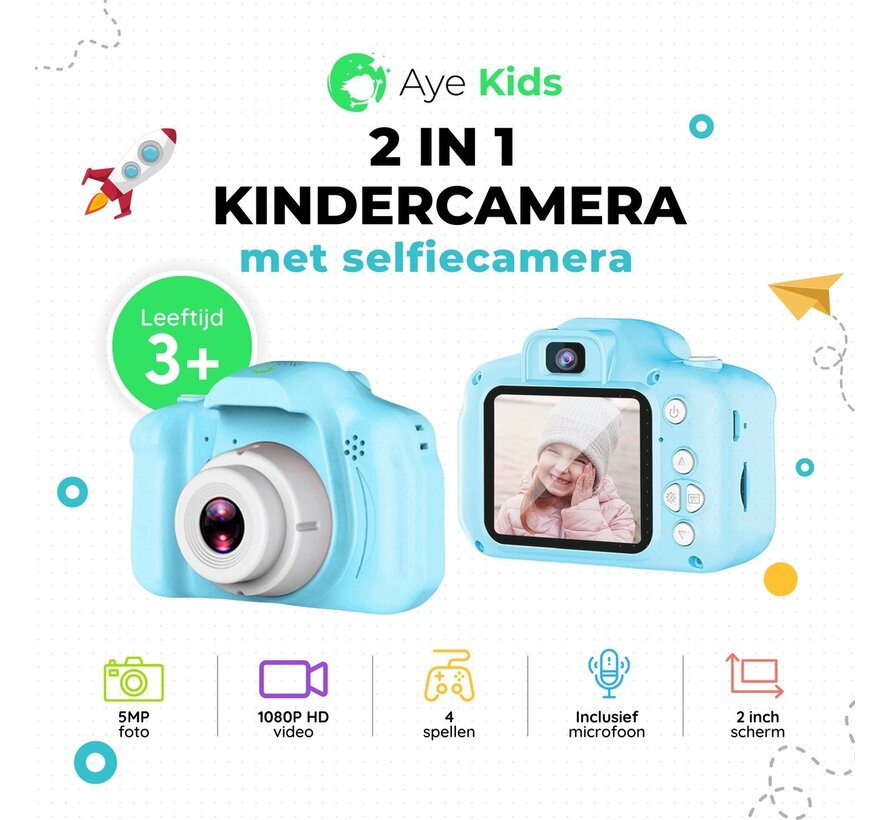 AyeKids Kids Camera 2 in 1 - Caméra avant et arrière - Incl. 32GB SD - Caméra pour enfants - Bleu