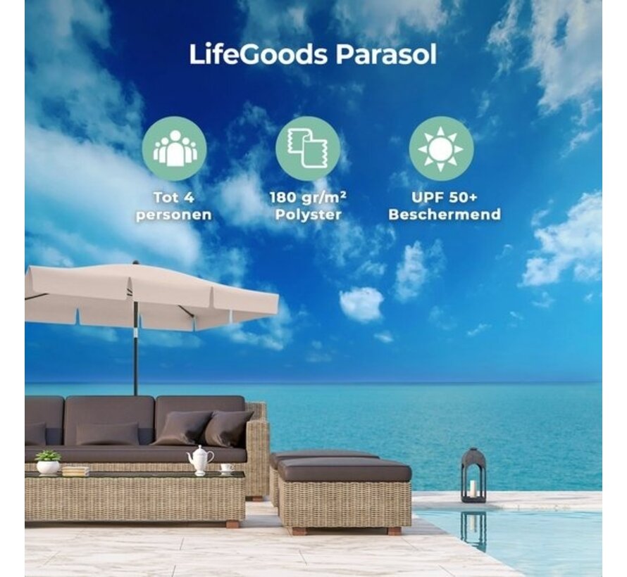 Parasol LifeGoods - 200x125cm - imperméable - Taupe - Housse INCLUSE