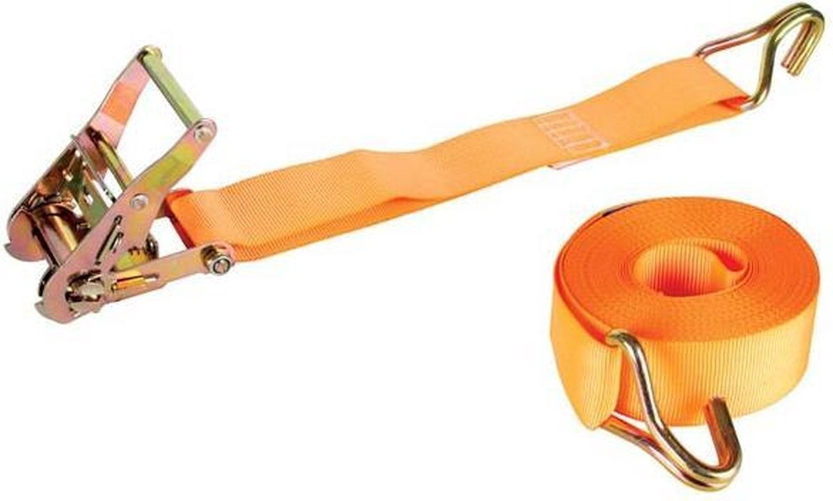 Perel Sangle d'arrimage, en deux parties, avec cliquet et crochets en J, pour l'arrimage de charges moyennes, max. 1000 kg, polyester, orange, 9 m x 50 mm, 1 pièce