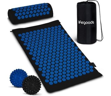 LifeGoods LifeGoods Tapis d'acupression avec coussin - Tapis Shakti - Tapis pour ongles avec 2 balles pour points de déclenchement - 66x40x2cm - Noir/Bleu