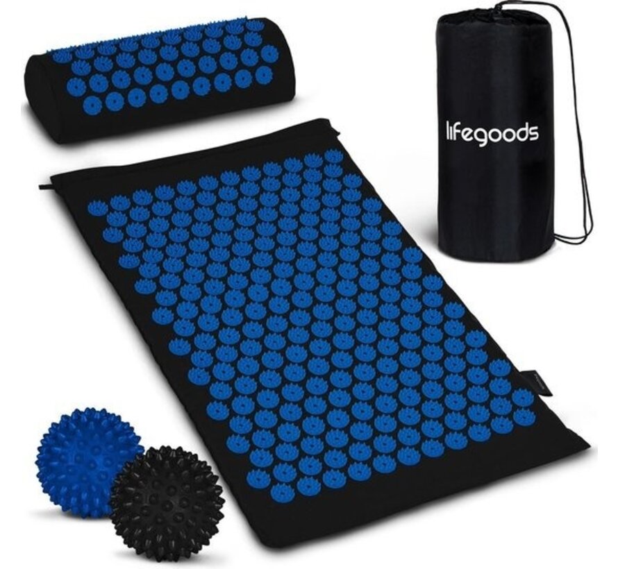 LifeGoods Tapis d'acupression avec coussin - Tapis Shakti - Tapis pour ongles avec 2 balles pour points de déclenchement - 66x40x2cm - Noir/Bleu