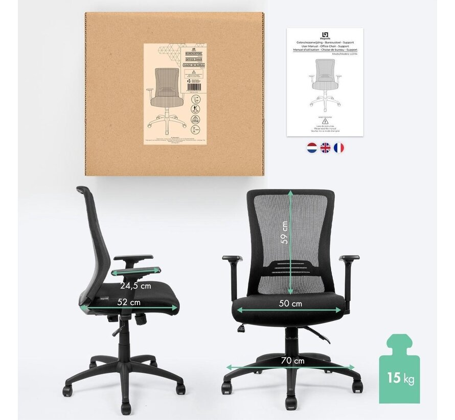 LifeGoods Ergonomic Office Chair - Chaise de bureau - Réglable - Adultes - Noir