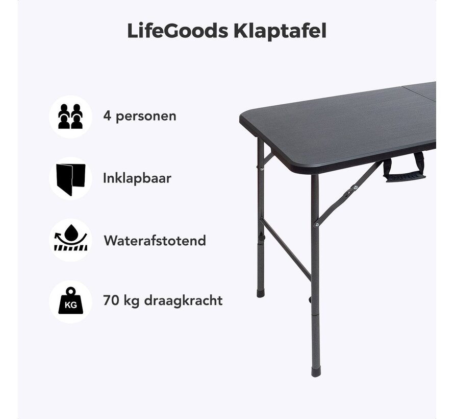 LifeGoods Table pliante - Table pliante - 60x120cm - Table pliante ajustable - Table de camping - Résistant aux intempéries - Noir