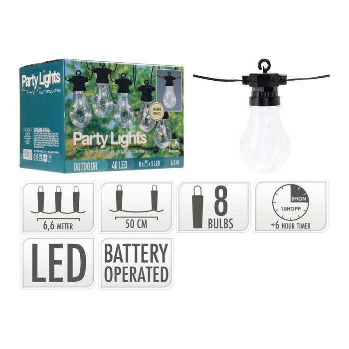 Lumières pour jardin - Party Lights - Lumières de fête pour jardin 40 LED 8 ampoules - 6,6 m - Alimenté par piles