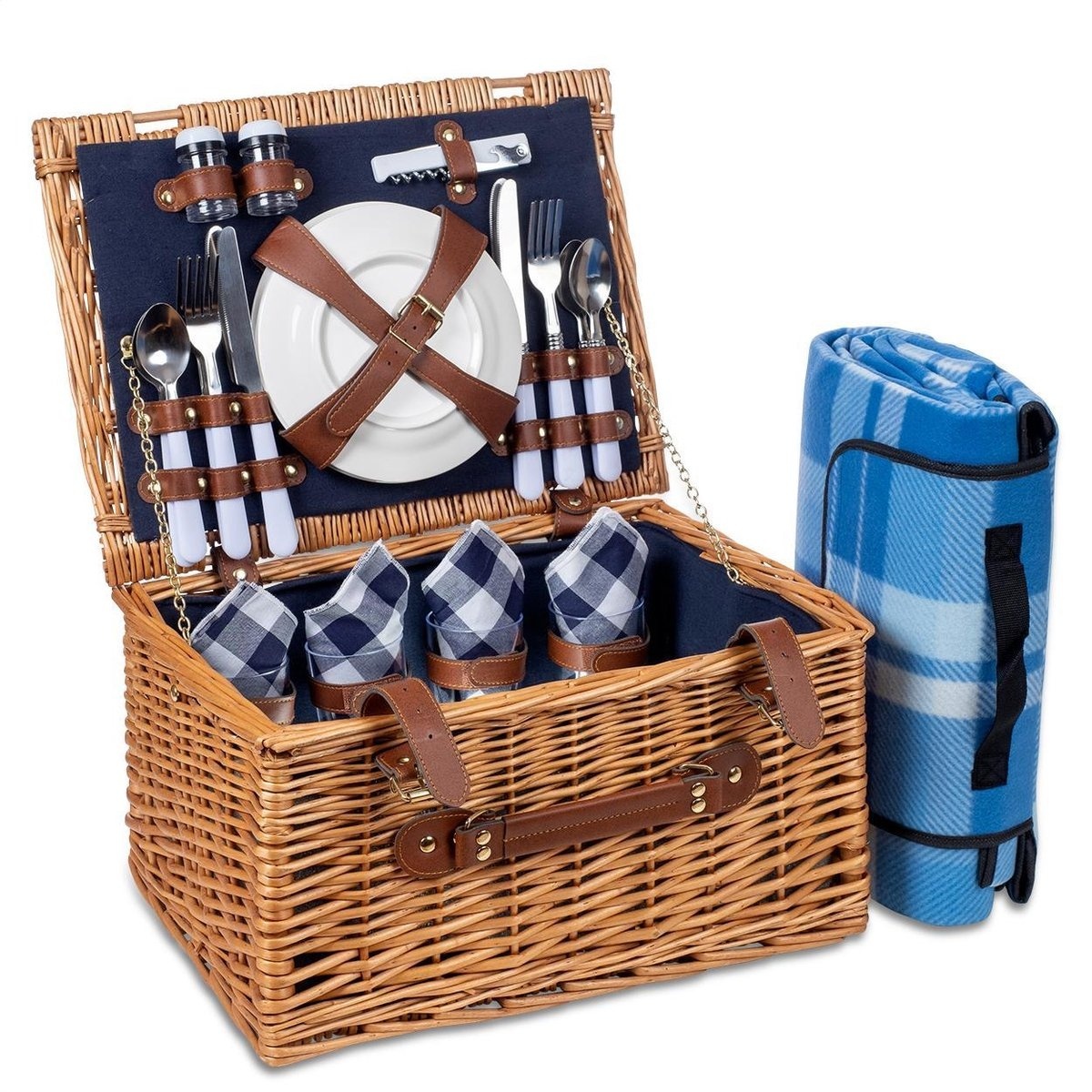 Panier Pique-Nique 4 Personnes en Osier - LifeGoods - 29 Pièces avec Tapis
