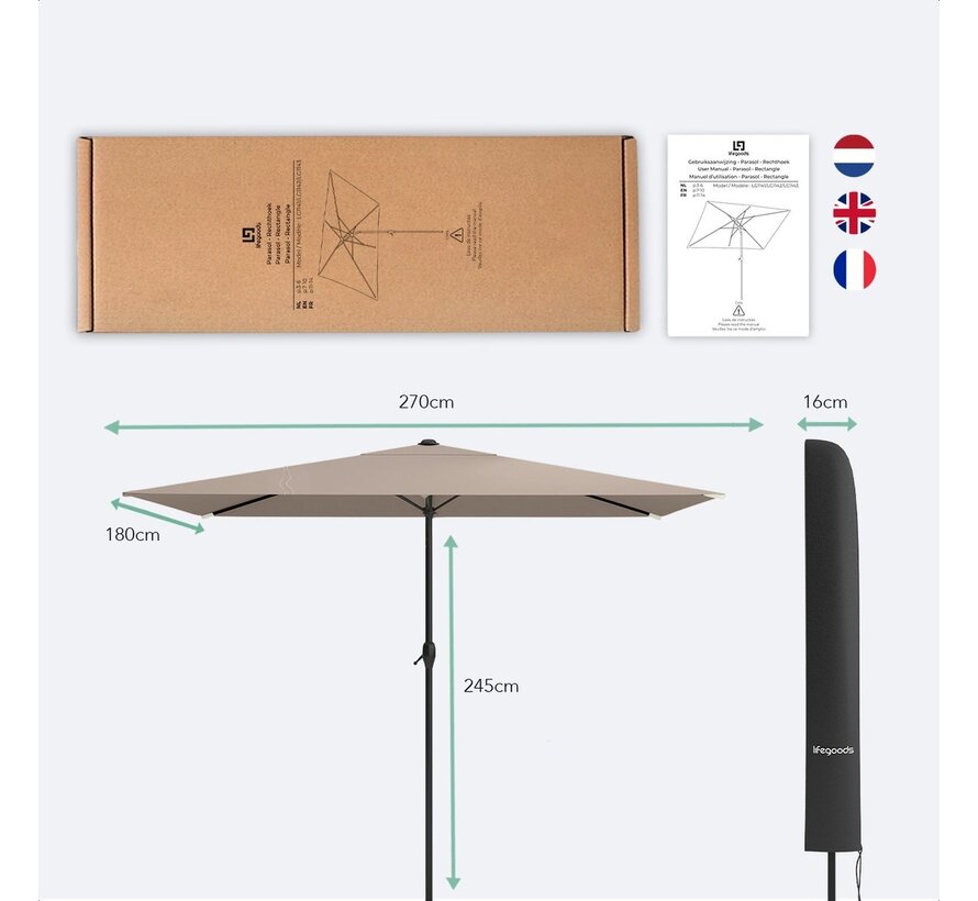 LifeGoods Parasol - 270x180cm - 30° inclinable - imperméable - avec housse - Taupe