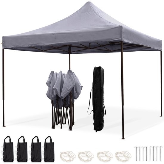 Tente de réception LifeGoods - Barnum- 3x3 m - Facile à monter - Pliable - Imperméable - Sac de transport à roulettes - Gris foncé