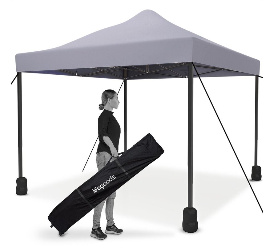 Tente de réception LifeGoods - Barnum- 3x3 m - Facile à monter - Pliable - Imperméable - Sac de transport à roulettes - Gris foncé