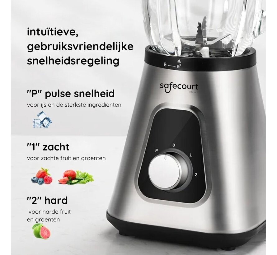 Safecourt Kitchen Sports Blender - Blender puissant de 1200 watts avec gobelet - 3 supports - acier inoxydable