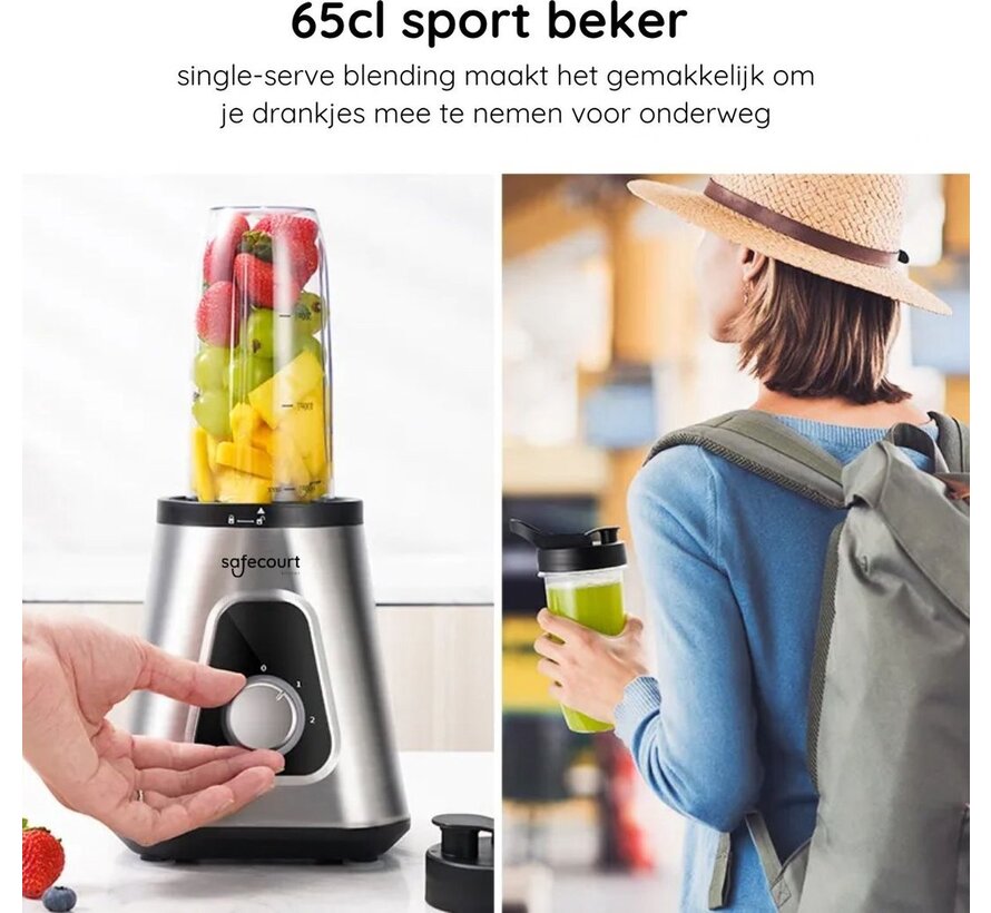 Safecourt Kitchen Sports Blender - Blender puissant de 1200 watts avec gobelet - 3 supports - acier inoxydable