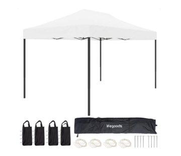 LifeGoods Tentes de fête - Pavillon - LifeGoods - 3x4.5 m - Facile à monter - Pliable - Imperméable - Sac de transport à roulettes - Blanc