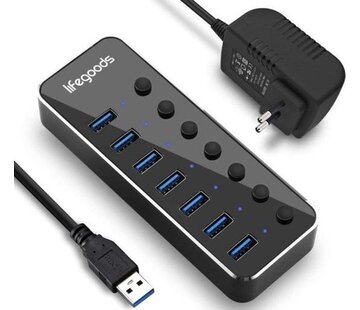 LifeGoods LifeGoods USB Hub 3.0 - Répartiteur USB avec 7 ports - avec alimentation - 5 GBP - Indication LED - Noir