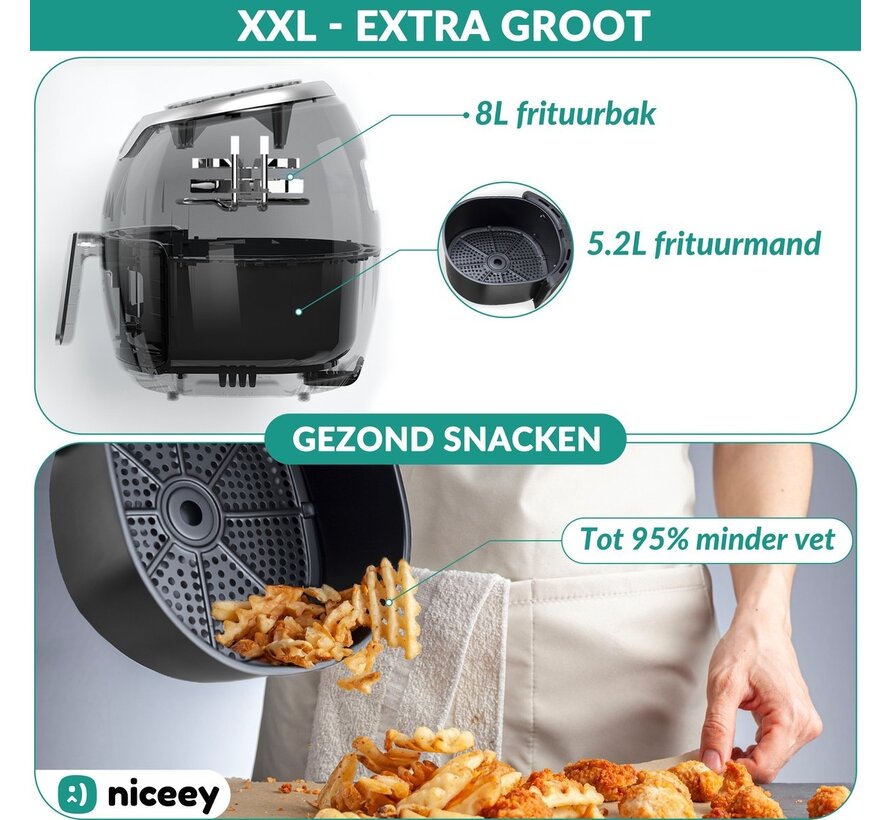 Airfryer XXL - Niceey - Friteuse à air chaud - Friteuse - 8L - 1800W - Noir