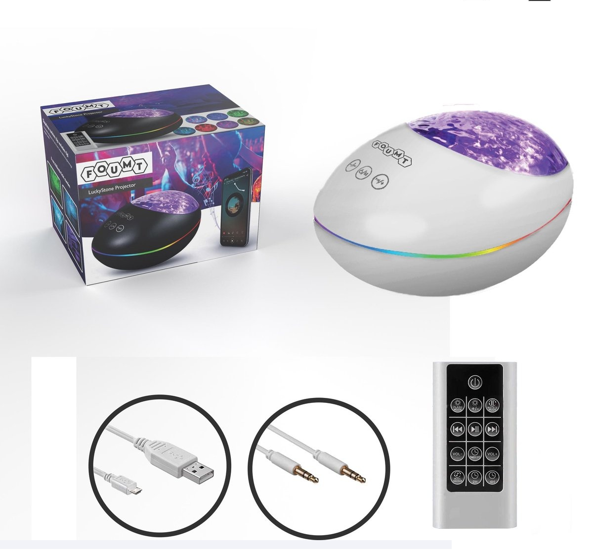 Foumt LuckyStone - Projecteur d'étoiles - Veilleuse - Projecteur de galaxie - Boîte à musique bluetooth - Blanc