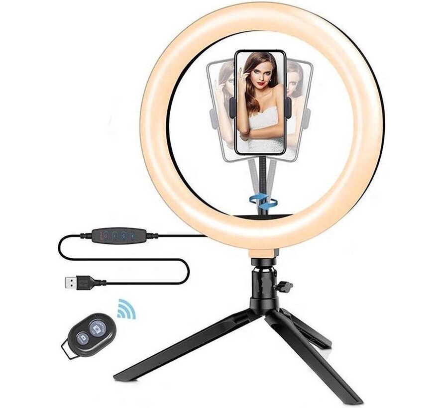 Lampe annulaire LED avec trépied Smartphone et télécommande - Trépied de bureau - Lampe Tiktok - Lampe annulaire avec trépied - Lampe annulaire USB 26 cm/10 pouces - Lampe annulaire avec support de téléphone - Lumière de maquillage - Lumière de studio - V