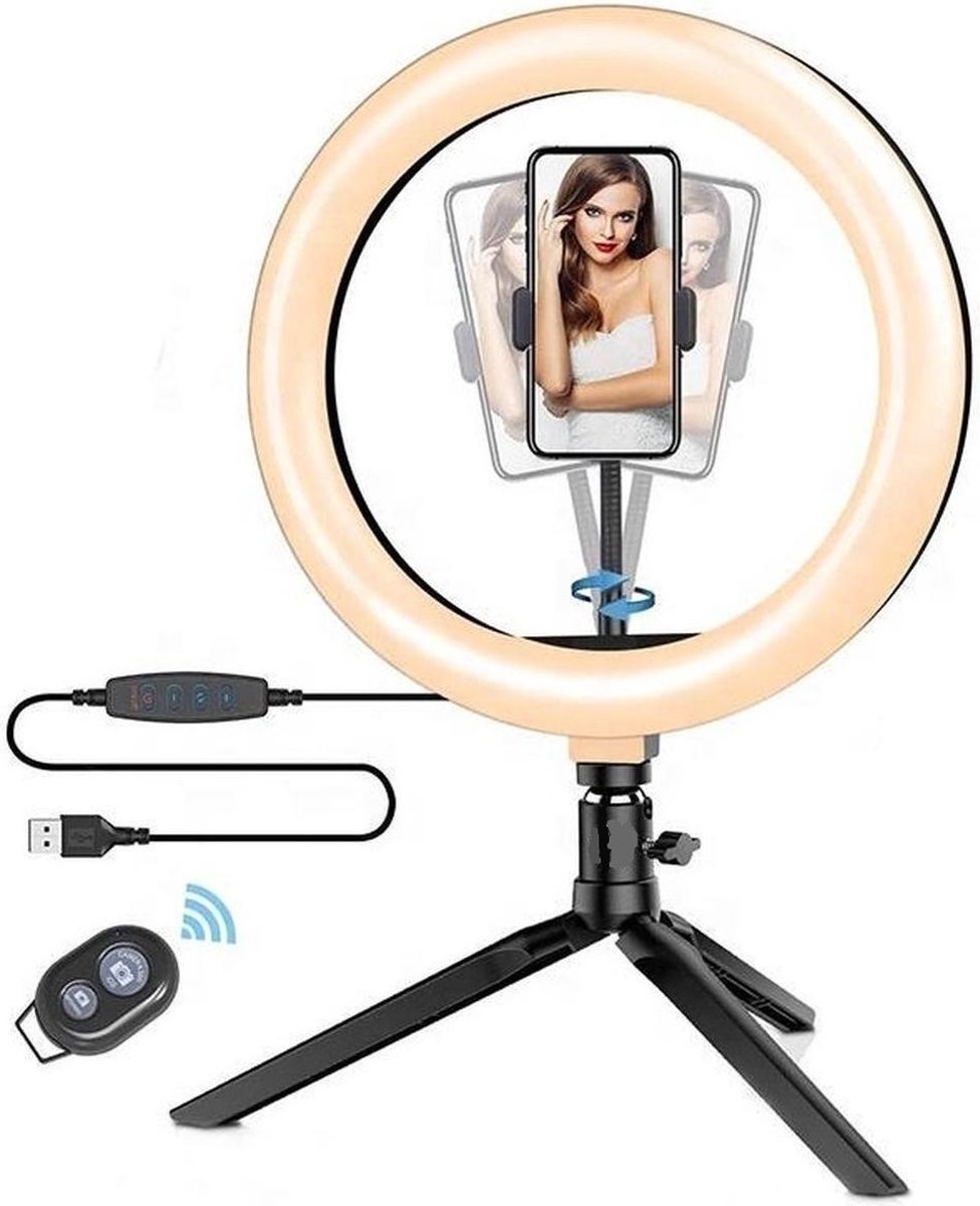 Lampe annulaire LED avec trépied Smartphone et télécommande - Merkloss - Trépied de bureau - Lampe Tiktok - Lampe annulaire avec trépied - Lampe annulaire USB 26 cm/10 pouces - Lampe annulaire avec support de téléphone - Lumière de maquillage - Lumière de