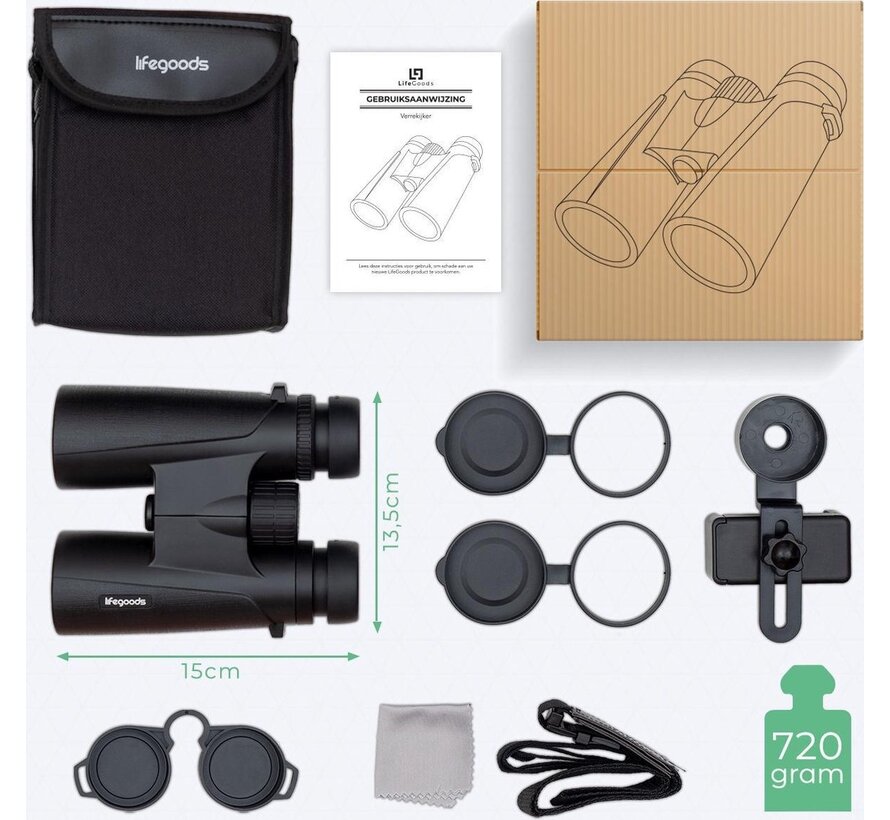 Jumelles LifeGoods - 10x42 - Comprend un adaptateur pour smartphone, des cache-objectifs, une courroie de cou et un sac de transport