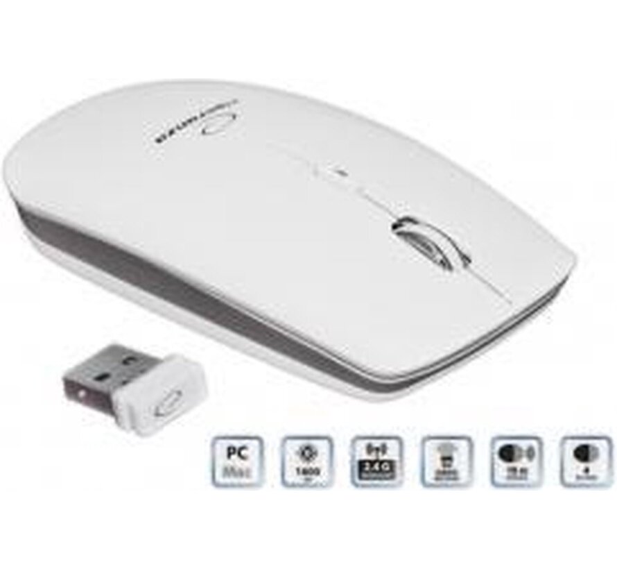 Esperanza Saturn | Souris optique sans fil 2.4GHz | Plate | Ambidextre | DPI réglable 1000 / 1600DPI | 4 boutons | Défilement vertical | Blanc