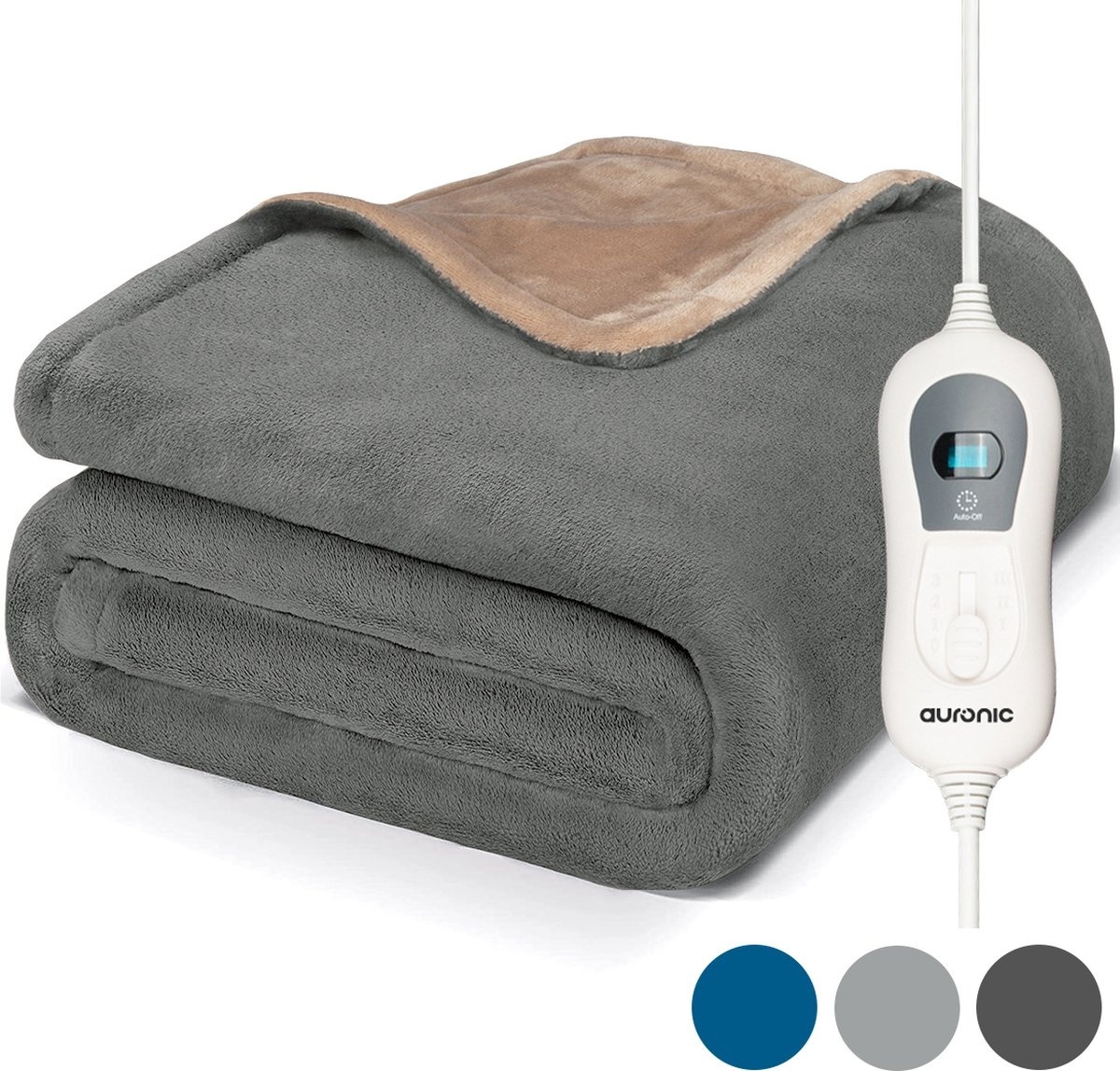 Couverture chauffante - Auronic - 2 personnes - 3 niveaux - Avec minuterie - 200 x 180 cm - Gris