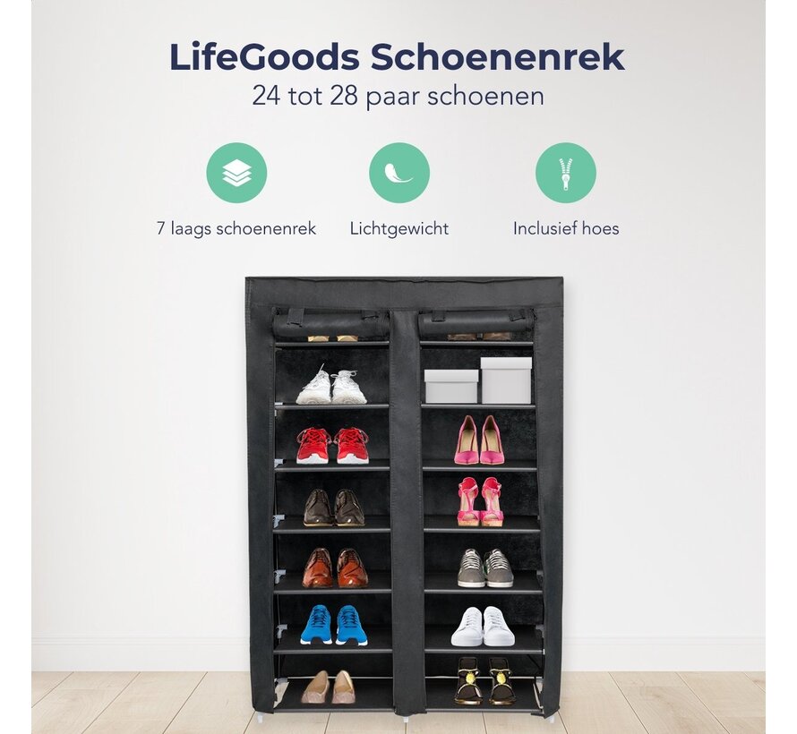 LifeGoods Shoe Rack - 7 couches - 28 paires de chaussures - Verrouillable - Noir