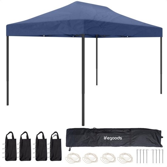 LifeGoods Tente de réception - Pavillon - 3x4.5 m - Facile à monter - Pliable - Imperméable - Sac de transport à roulettes - Bleu foncé