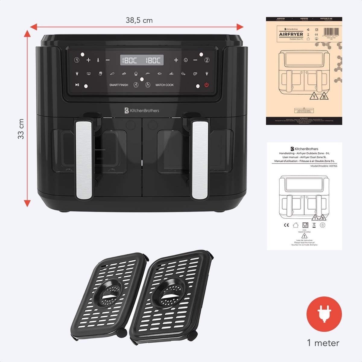 KitchenBrothers Airfryer - Hot Air Fryer - LED écran tactile - Incl. Panier  à Frire 