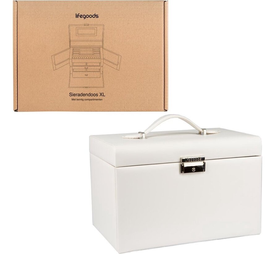 LifeGoods Boîte à bijoux XL - Boîte à bijoux - 20 compartiments - Blanc/Beige