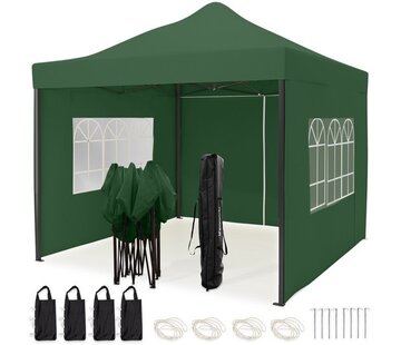 LifeGoods Chapiteau de jardin LifeGoods - 3x3 m - Pliable - Etanche - Parois - Sac de transport à roulettes - Vert foncé