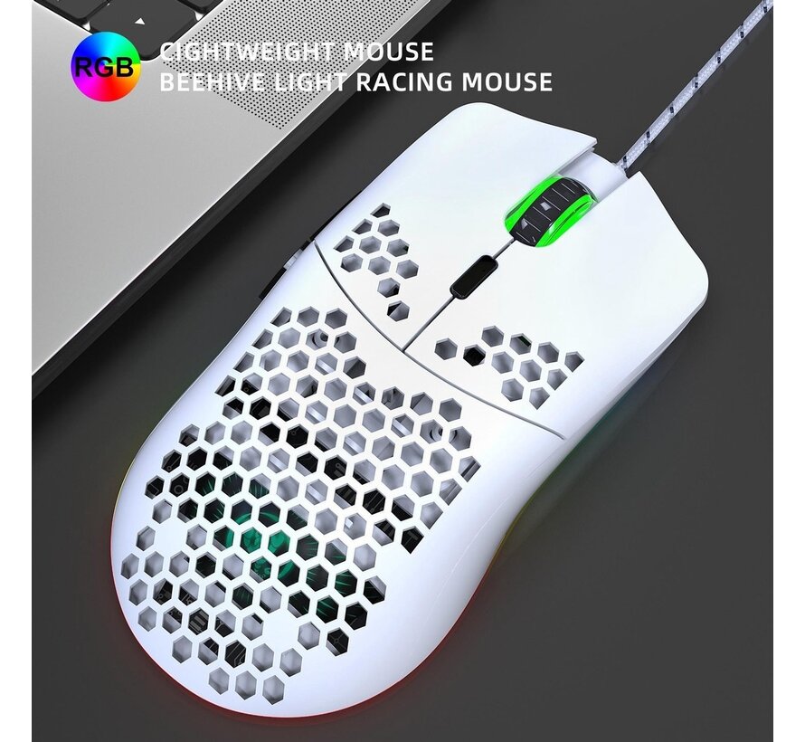 HXSJ J900 Souris de jeu optique - Ultra légère - Illumination RGB - 6400DPI - Blanc