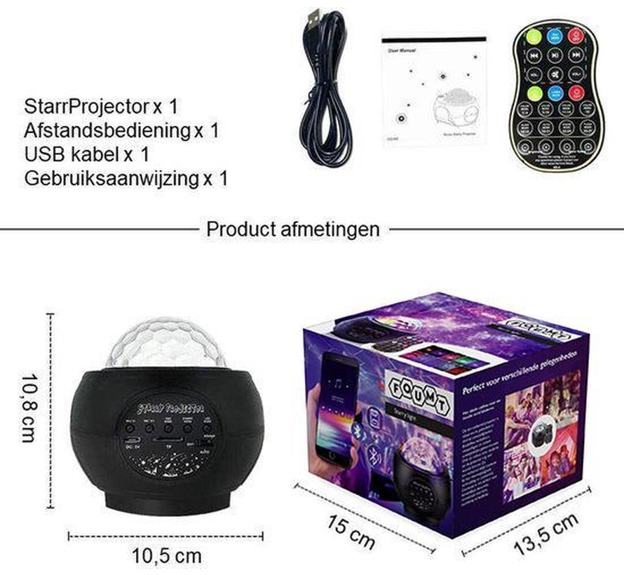 Foumt Starry - Projecteur d'étoiles - Projecteur Galaxy - Projecteur d'étoiles - Boîte à musique bluetooth & fonction usb - Noir