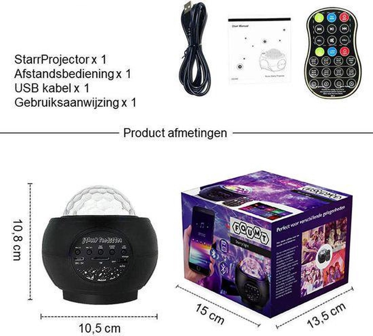 Foumt Starry - Projecteur d'étoiles - Projecteur Galaxy - Projecteur d'étoiles - Boîte à musique bluetooth & fonction usb - Noir