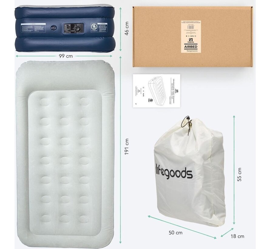 Lit gonflable 1 personne - LifeGoods - avec pompe intégrée - sac de transport et kit de réparation inclus