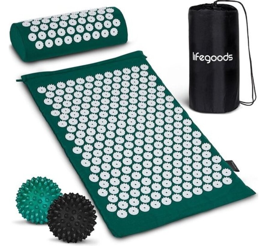 LifeGoods Tapis d'acupression avec coussin - Tapis Shakti - Tapis pour ongles avec 2 balles pour points de déclenchement - 66x40x2cm - Vert/Blanc