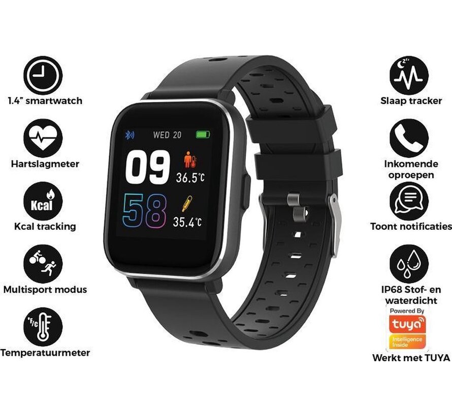 Denver Smartwatch - Bouton facile à retourner - Podomètre - Appels/SMS - TUYA app - Activité du sommeil - Fréquence cardiaque, Moniteur de pression sanguine, Mode sport - IP68 - SW164 - Noir