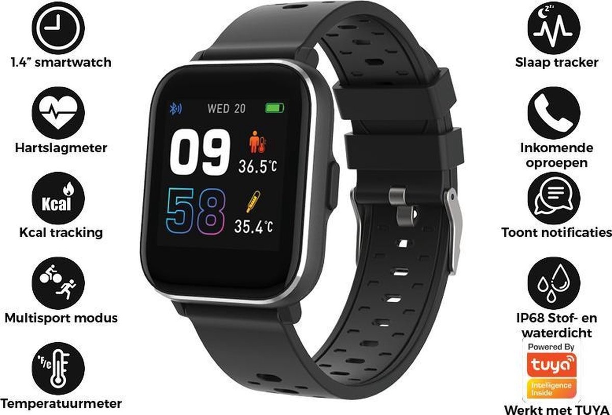 Denver Smartwatch - Bouton facile à retourner - Podomètre - Appels/SMS - TUYA app - Activité du sommeil - Fréquence cardiaque, Moniteur de pression sanguine, Mode sport - IP68 - SW164 - Noir