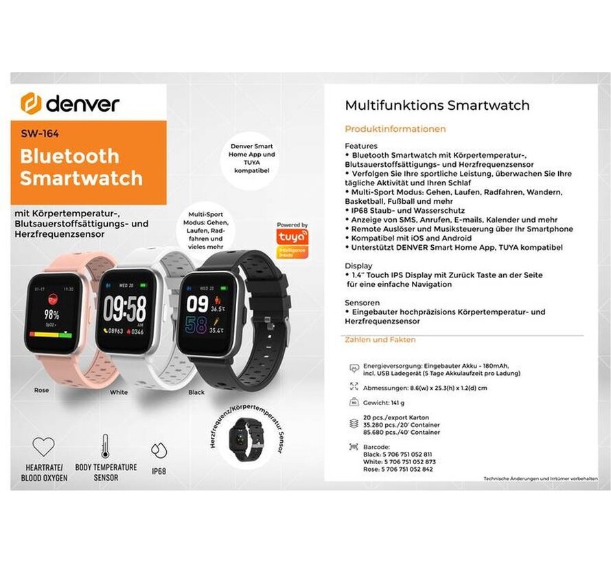 Denver Smartwatch - Bouton facile à retourner - Podomètre - Appels/SMS - TUYA app - Activité du sommeil - Fréquence cardiaque, Moniteur de pression sanguine, Mode sport - IP68 - SW164 - Noir