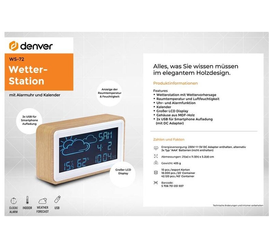 Denver WS-72 / Station météo avec réveil / Date / Température - et humidité / USB pour Smartphone / Bois