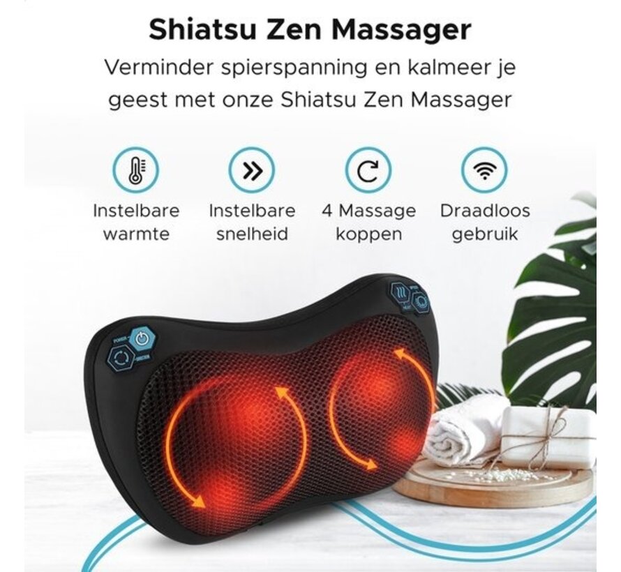 Qumax Coussin de massage sans fil - Rechargeable - Fonction chaleur - Coussin de massage shiatsu électrique - Noir