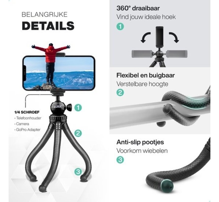 LURK® 3 in 1 Flexible Octopus Tripod trépied pour smartphone et caméra (d'action) - Comprend une pince pour téléphone et une télécommande bluetooth - 25 cm