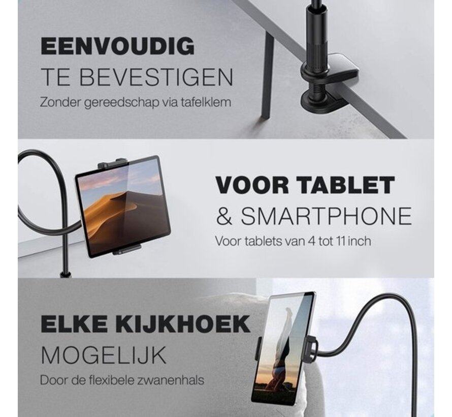 LURK® Porte-tablette flexible et ajustable - Porte-téléphone ergonomique - 70cm de long - 4 à 11 pouces - Universel - Noir