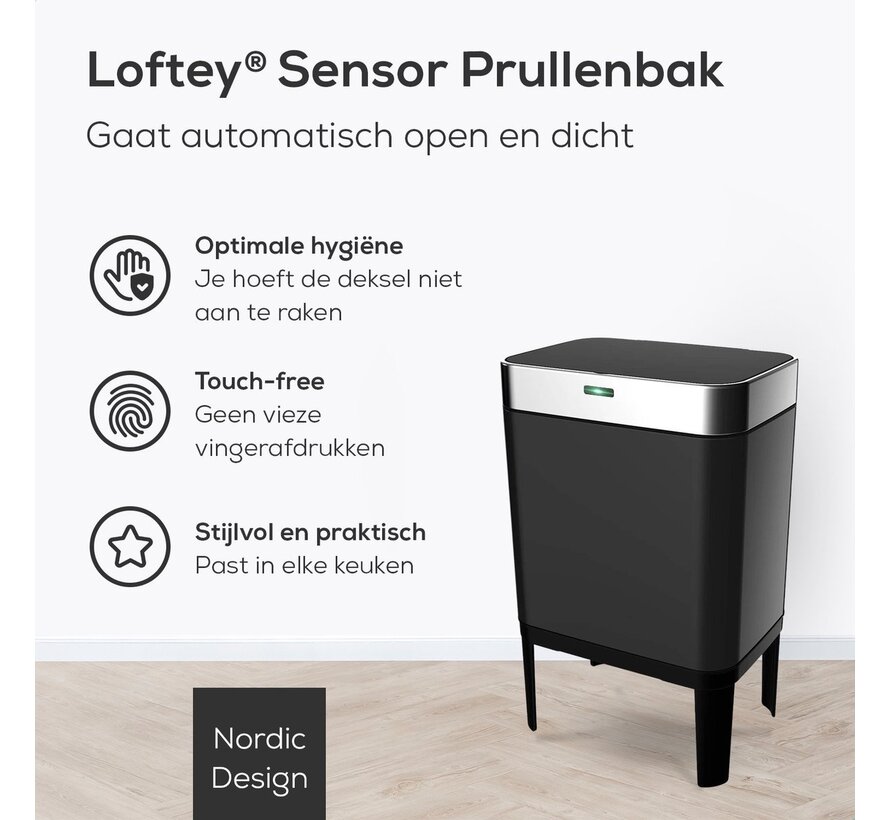 Loftey Sensor Waste Bin 60 Liter - Poubelle sans contact - Séparation des déchets 2x30L - Cuisine - Noir/RVS