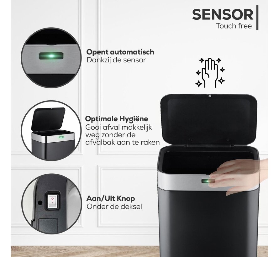 Loftey Sensor Waste Bin 60 Liter - Poubelle sans contact - Séparation des déchets 2x30L - Cuisine - Noir/RVS