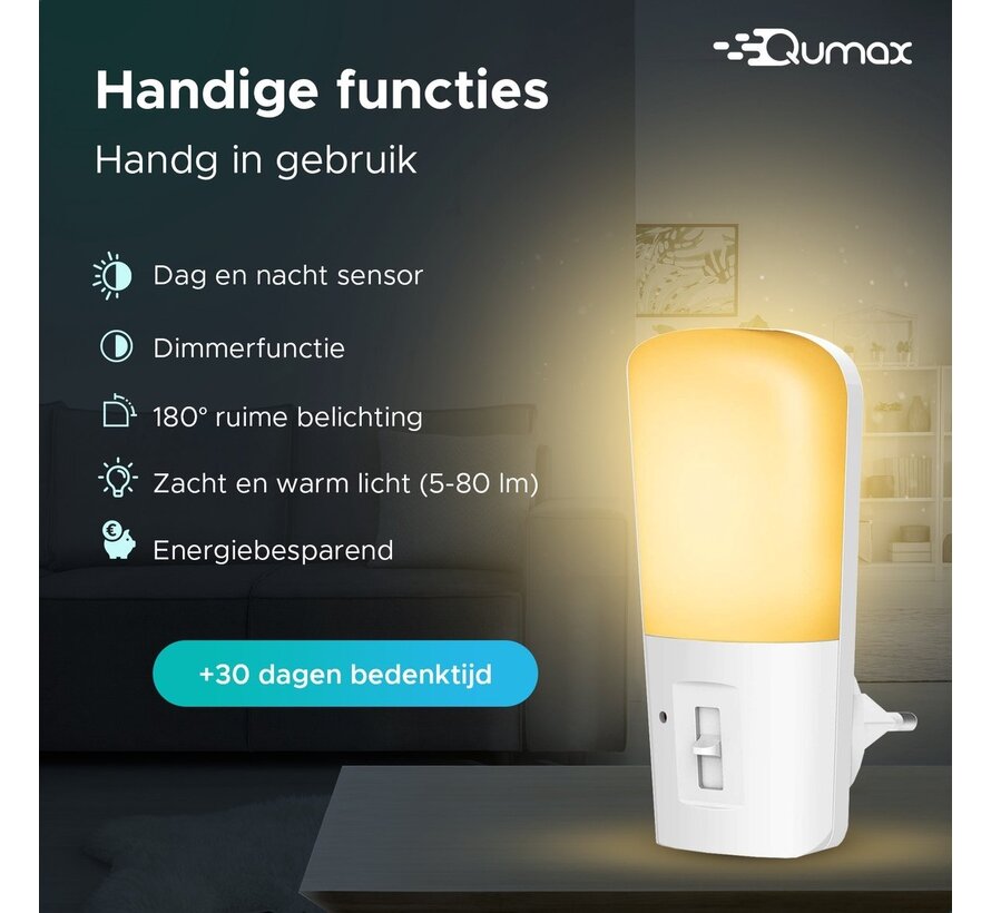Qumax LED Night Light Socket 2 pcs - Veilleuse dimmable avec capteur - Veilleuse de chambre de bébé - Capteur jour et nuit - Enfants et bébés - Blanc