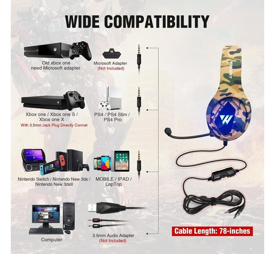 WINTORY M1 RGB Over-ear Headphones - Casque de jeu - avec microphone pour Nintendo Switch - PS4/PS5 - PC/ordinateurs portables - Xbox One - Camouflage