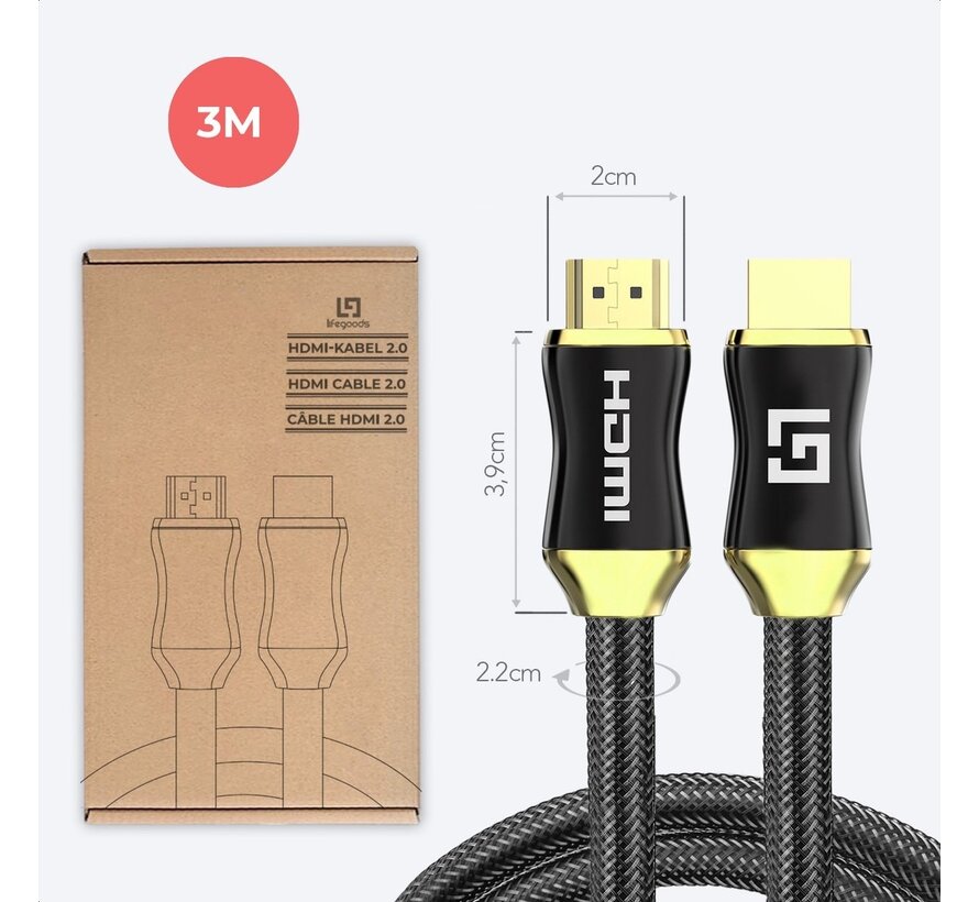 LifeGoods Câble HDMI 2.0 - 3M - 18Gbps - 4K (60 Hz) - Noir