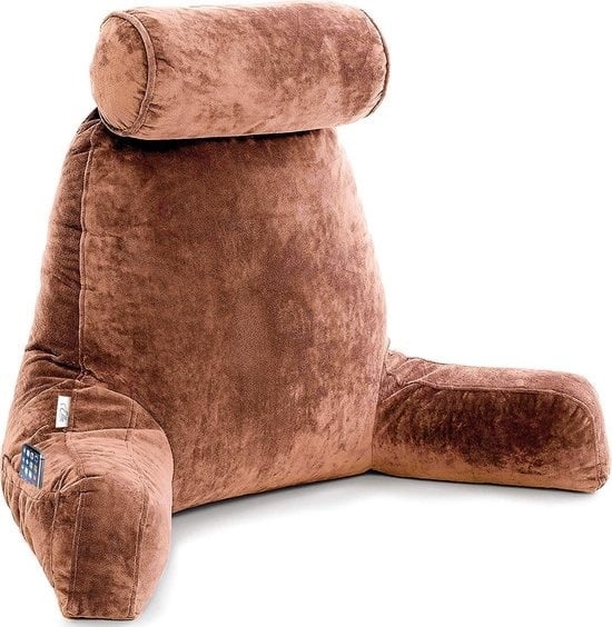 Ella® Coussin de lecture avec rouleau pour la nuque - Coussin de relaxation - Coussin de siège - Soutien du bas du dos - Coussin de lecture paresseux - Brun velouté