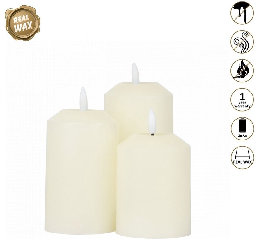 O'DADDY® Led Candles With Moving Flame - set 3 sizes 12 + 14.5 + 17 - 7.5d - With Dimming Function - Led Candles With Remote Control - 3d wick