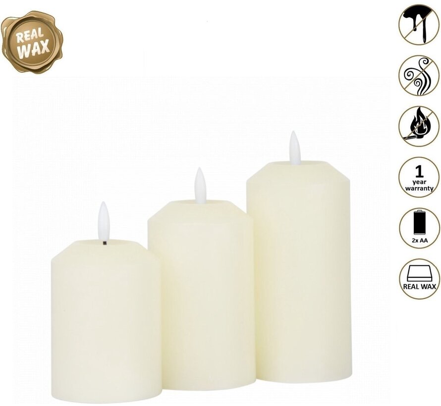 O'DADDY® Led Candles With Moving Flame - set 3 sizes 12 + 14.5 + 17 - 7.5d - With Dimming Function - Led Candles With Remote Control - 3d wick