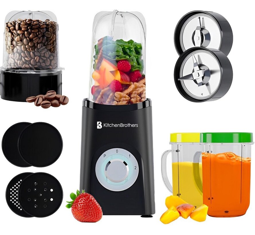 Blender KitchenBrothers - 2-en-1 - 350 W - 4 tasses 600 ml/300 ml - Smoothie  - Mini Blender - Noir